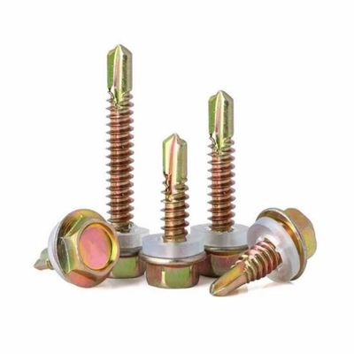 Vít tự khoan mạ kẽm Hex màu vàng với niêm phong tròn